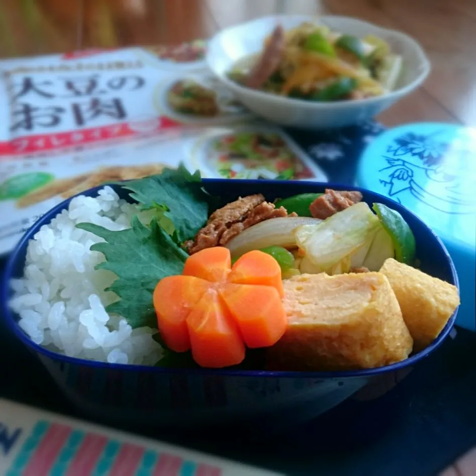 Snapdishの料理写真:お弁当(5/18)
ごはん、大豆のお肉の回鍋肉、卵焼き、しそ、にんじん|さっちんさん