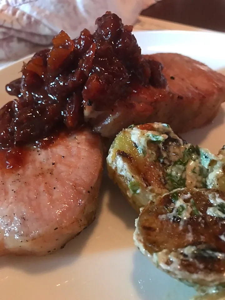 Snapdishの料理写真:Brined and Sous Vide Porkloin Roast with Sour Cherry Relish and Grilled Potato Salad|Christine pavelkaさん