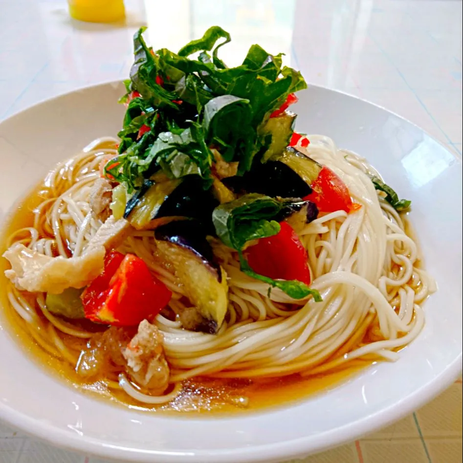 昨日作った揚げなすサラダと蒸しどりのぶっかけそうめん|Kiyomiさん