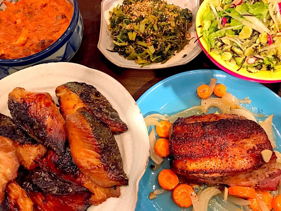 ・バターチキンカレー
・蕪葉とじゃこのきんぴら
・打豆と野菜のサラダ
・鰆の照り焼き
・塩麹ローストポーク
#本日のメニューにないお品。|銀座 小料理 龍さん