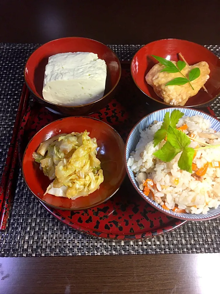 Snapdishの料理写真:#混ぜご飯#枝豆豆腐#卵茶巾
#キャベツ炒め#和食|shokohanさん