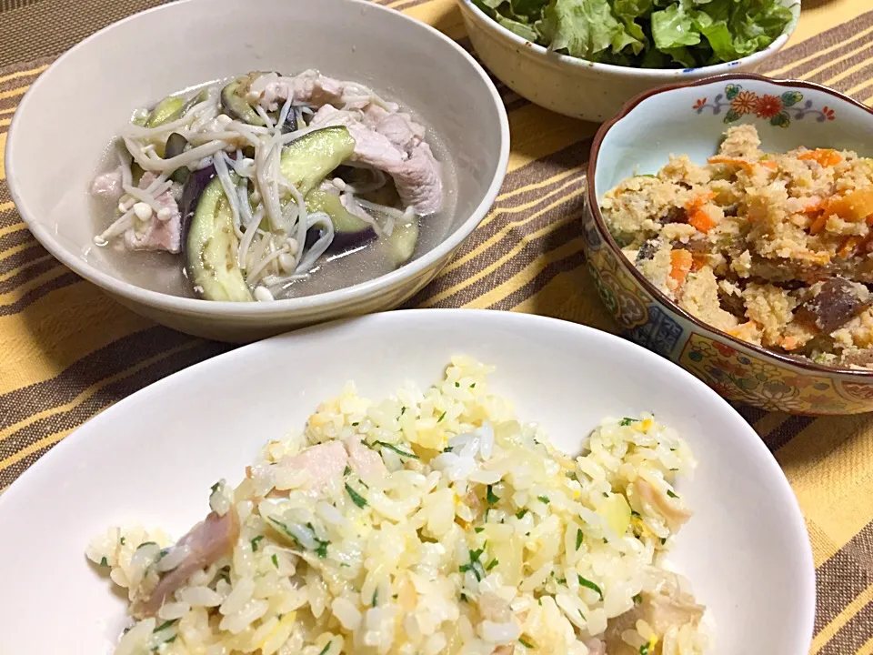 Snapdishの料理写真:炒飯・おから・豚ナスえのき生姜煮|Yuko Kisoさん