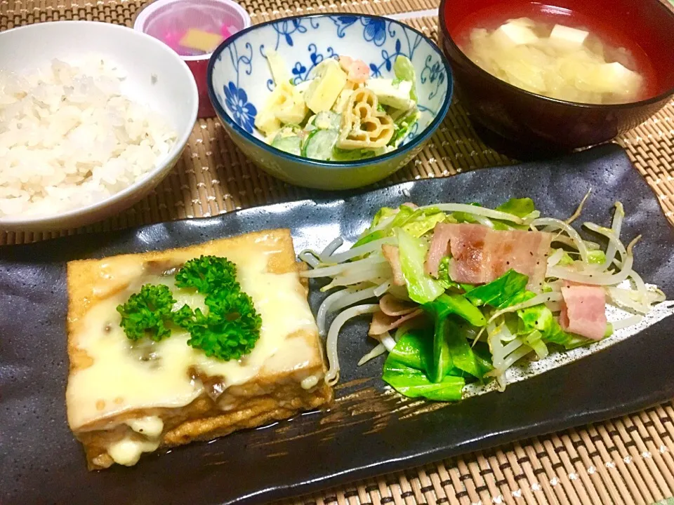 🔸春キャベツ
        のベーコン炒め
     厚揚げ肉味噌チーズ
🔸マカロニサラダ
🔸納豆
🔸お味噌汁|ティーナさん