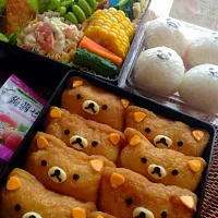 Snapdishの料理写真:運動会弁当🍱
まさかのキャラ弁熱望で、なんとか私にもできそうなリラックマいなりと、ゆりねかふぇさんのぐでたまおにぎり🍙
いい天気☀小学校最後の運動会がんばれ～🚩✨🎵