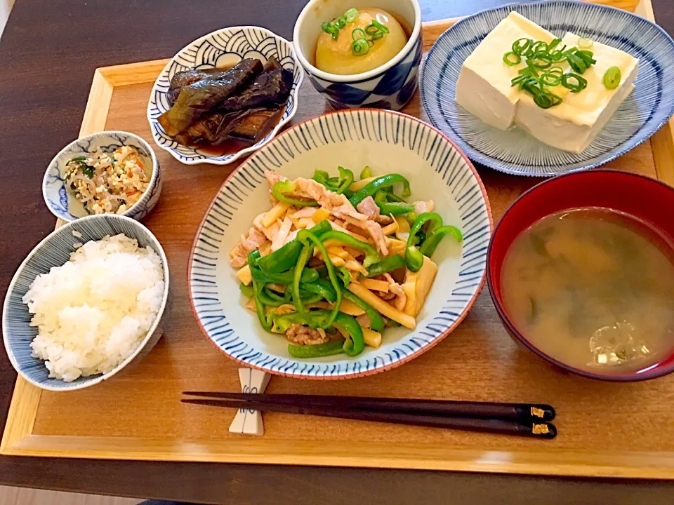 青椒肉絲   白和え   ナスの田舎煮   玉ねぎ丸ごと煮   冷奴   味噌汁|NAKATAさん