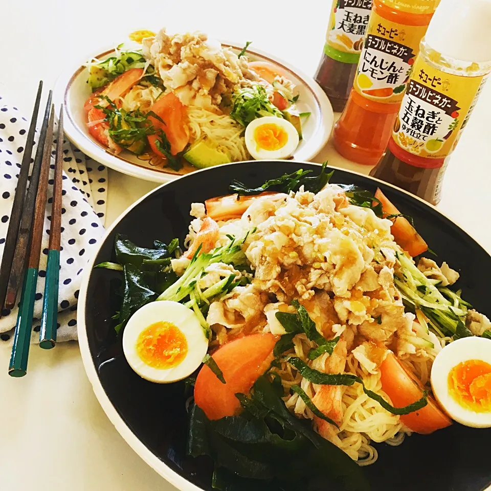 Snapdishの料理写真:冷しゃぶサラダ🥗そうめん😋|ヲルカさん