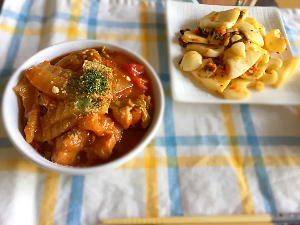 白菜と鶏肉のトマト煮、イカ焼き|mizukiさん