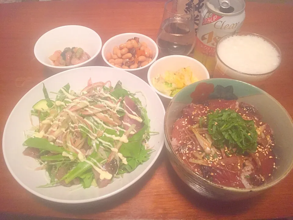 Snapdishの料理写真:鰹の漬け丼＊鰹サラダ＊子持ち甘エビ(^^)|basilさん