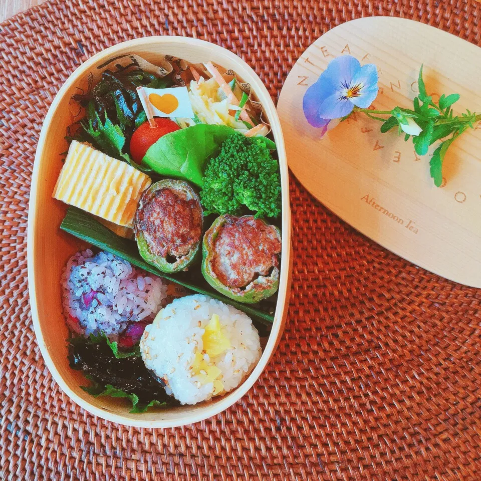 Snapdishの料理写真:今日の女子中学生弁当。5/22
※ピーマンの肉詰め
※卵焼き
※ピーマンの塩昆布和え
※千切りポテトのサラダ|Mikaさん