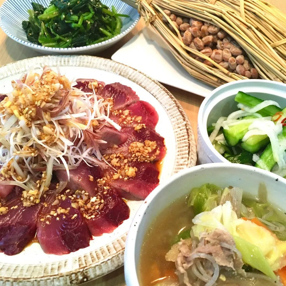 ＊カツオの漬け盛り
＊おみや！檜山納豆
＊野菜たっぷり豚汁
＊きゅうりと大根の生姜漬け
＊青森県産ほうれん草のごまカツオ和え|料理研究一家「古川家」さん