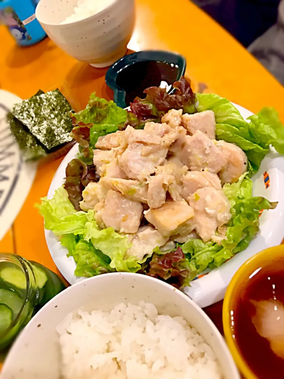 鶏胸肉のうま塩餡かけ炒め  きゅうりの浅漬け  味付け海苔  麦茶|ch＊K*∀o(^^*)♪さん