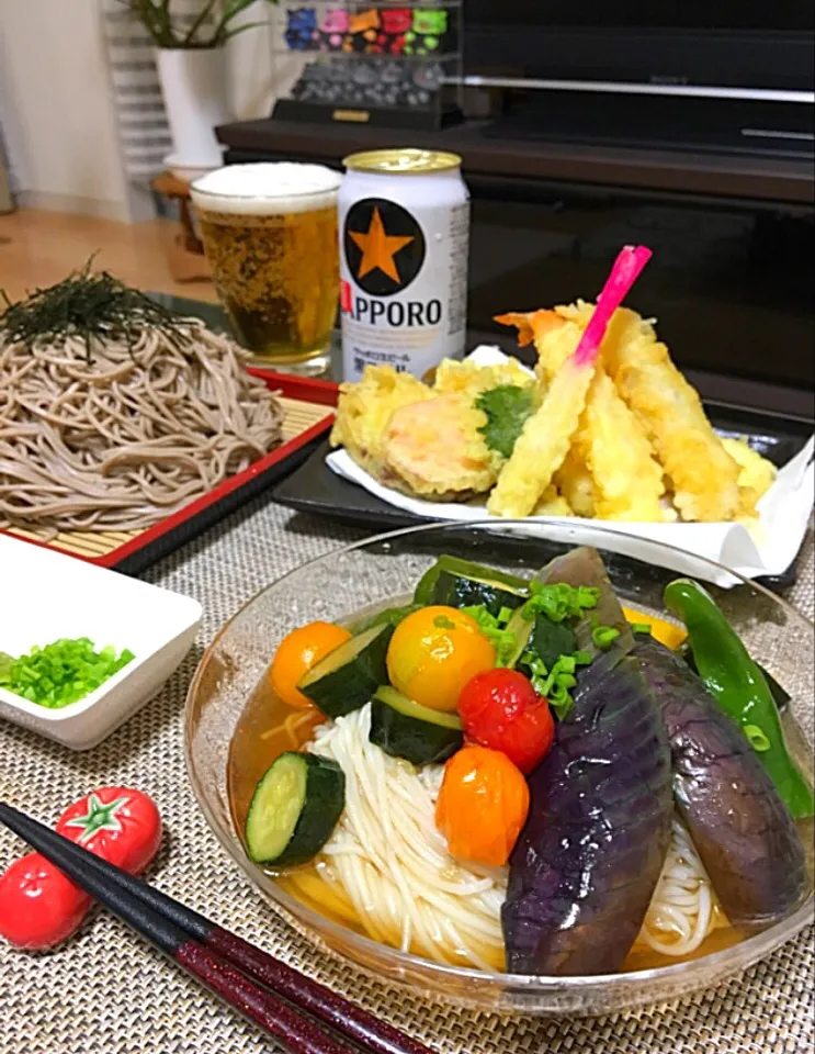 Snapdishの料理写真:夏野菜煮浸し素麺✨盛り蕎麦✨|ゆかりさん