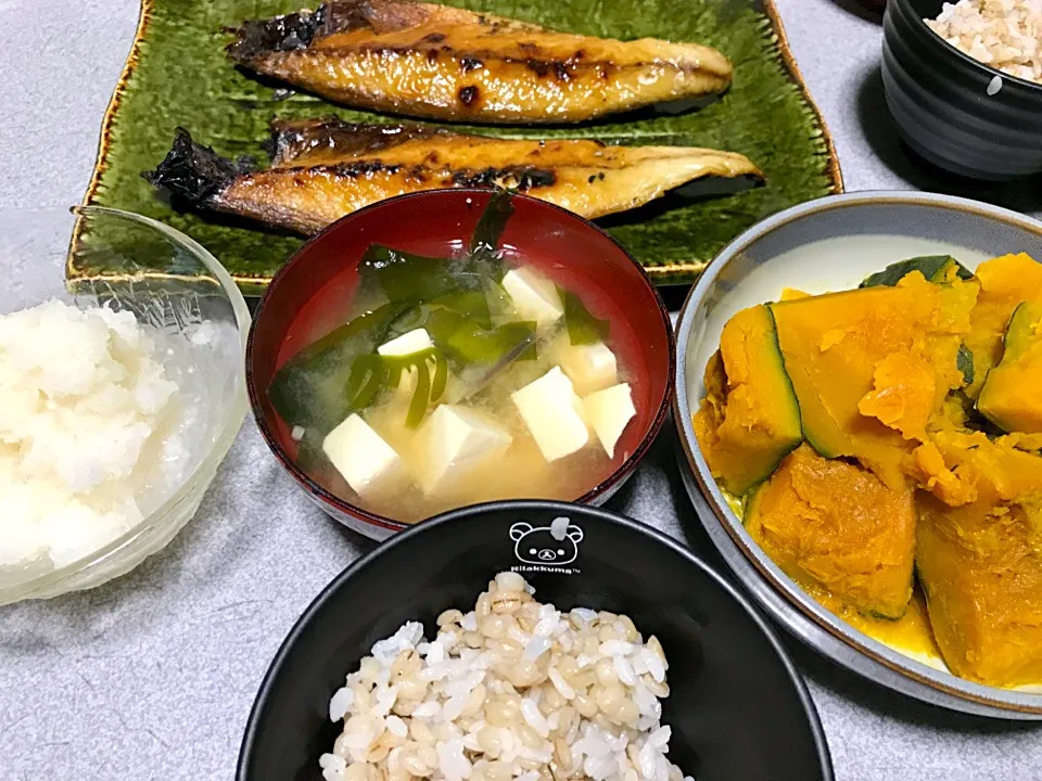 もち麦飯、魚、大根おろし、カボチャ、豆腐わかめミョーガ味噌汁、|ms903さん