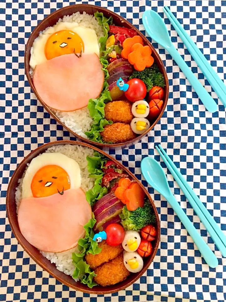 今日の双子息子のお弁当。ぐでたまちゃんハムエッグ🍳|ゆりねかふぇさん