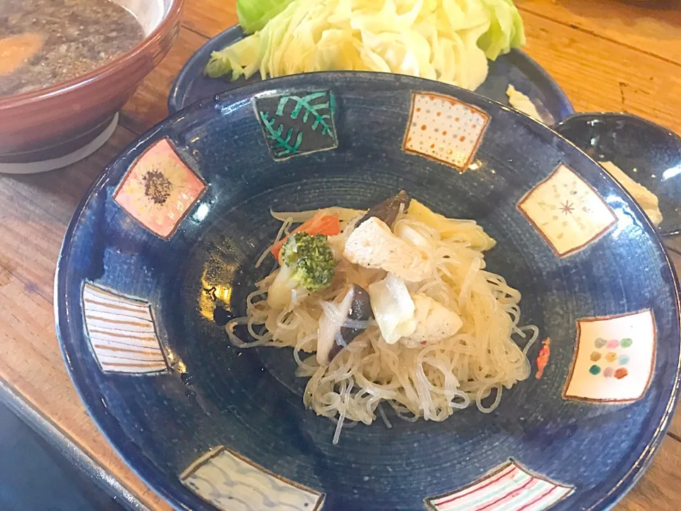 #亀戸養生料理オスギ 
養生料理 護摩蕎麦抜き
護摩スープ
しらたきの焼きそば|亀戸 養生蕎麦 高のさん