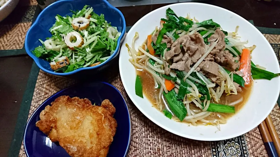 ラムの野菜炒め&水菜とちくわのあえ物&フライドチキン|まぐろさん