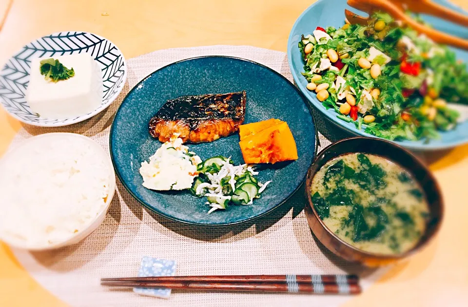 さわらの甘辛焼き
ポテトサラダ 
かぼちゃの煮付け
きゅうりとしらすの酢の物
彩サラダ
お味噌
作り置きメニューもりだくさん|kona7さん