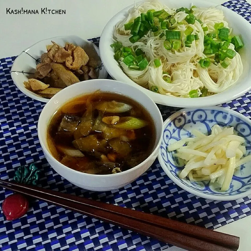 ●豚肉と葱と茄子の汁のスタミナ素麺
●御坊と豚肉のピリ辛炒め
●大根の皮のピクルス(*ˊ˘ˋ*)🍴|Kashimanakitchenさん