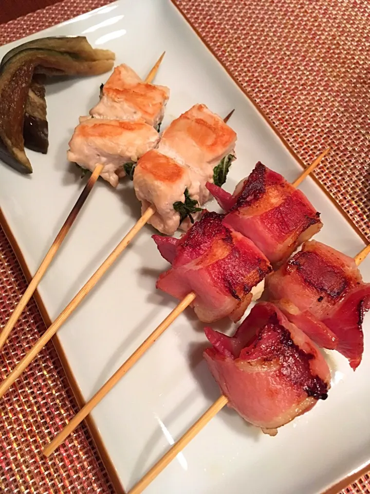 ・ムネ肉と大葉の焼き鳥
・ハムトマトの串焼き
・ハムうずらの卵の串焼き|kahorisさん