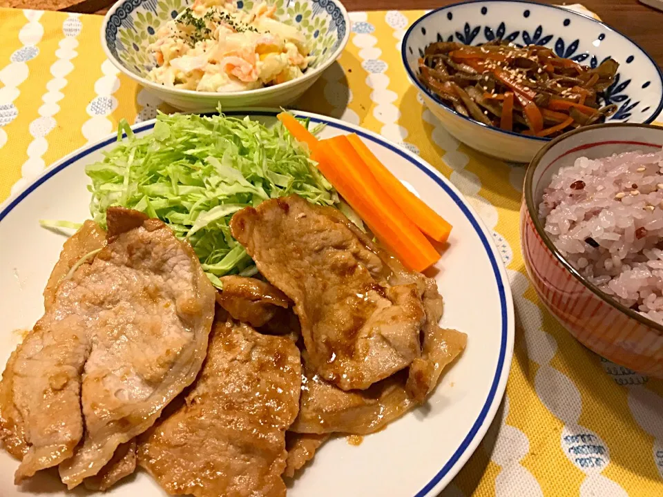 Snapdishの料理写真:#生姜焼き ♡ #新ジャガポテトサラダ #きんぴらごぼう #十六穀米 食べ過ぎ注意のおかずばかりになってしまったけど美味しい♡|ゆたんさん