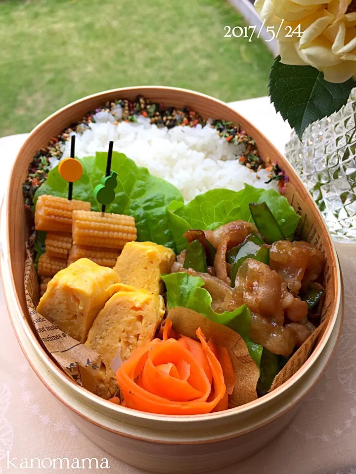 Snapdishの料理写真:息子くん弁当♪豚バラと絹さやの蜂蜜醤油炒め〜〜|ゆきさん