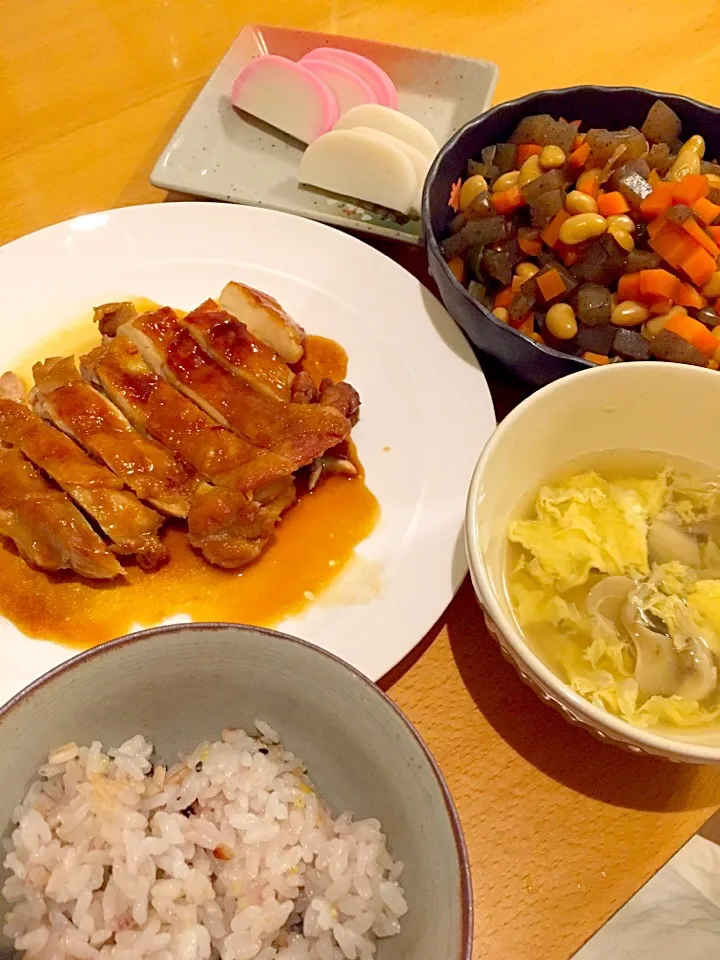 鶏の照り焼き、五目豆、舞茸スープ|あおさん