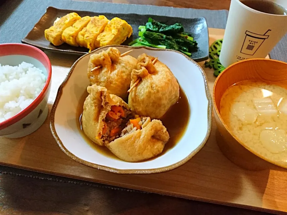 Snapdishの料理写真:もやしと鶏ひき肉の袋煮、だし巻き玉子、小松菜のおひたし、味噌汁|おむすびさん