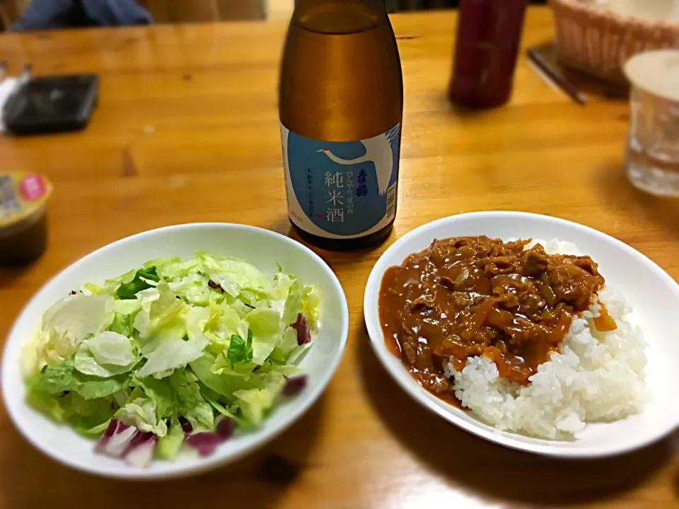 Snapdishの料理写真:ハヤシライスとサラダ🥗&土佐鶴|茶一郎さん