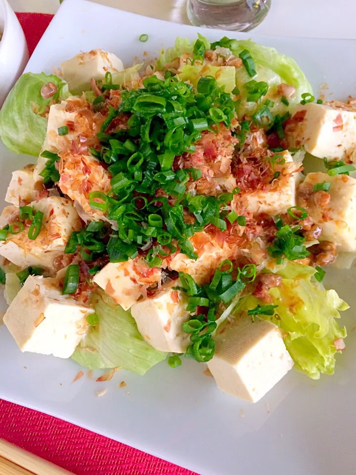 はみちゃんの気まぐれサラダ🥗
豆腐サラダ旨旨〜( ◠‿◠ )
納豆味噌ドレッシングにたっぷりかつお節、長ねぎ〜〜（笑）|はみちゃんさん