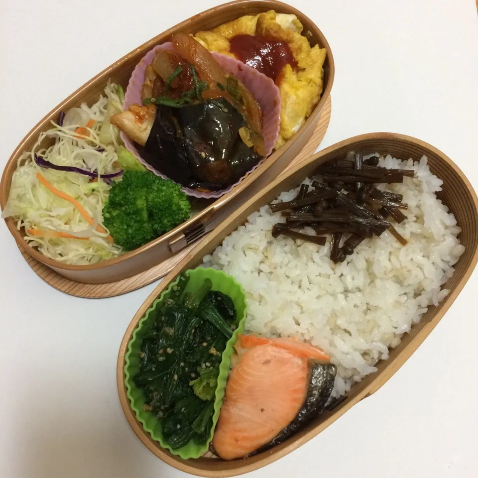 Snapdishの料理写真:弁当（鶏肉茄子炒め、オムレツ、サラダ、甘塩鮭、ほうれん草ゴマ和え、伽羅蕗佃煮）|SasaMasa213さん