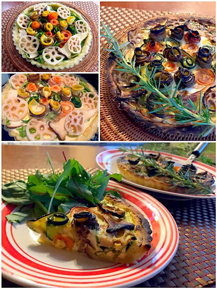 Tama's Quiche of Rose vegetables🍳巻き巻きお野菜de tamaちゃんのｷｯｼｭ<茄子･ｽﾞｯｷｰﾆ･人参･,ほうれん草･蓮根&ｴﾘﾝｷﾞ>|🌈Ami🍻さん