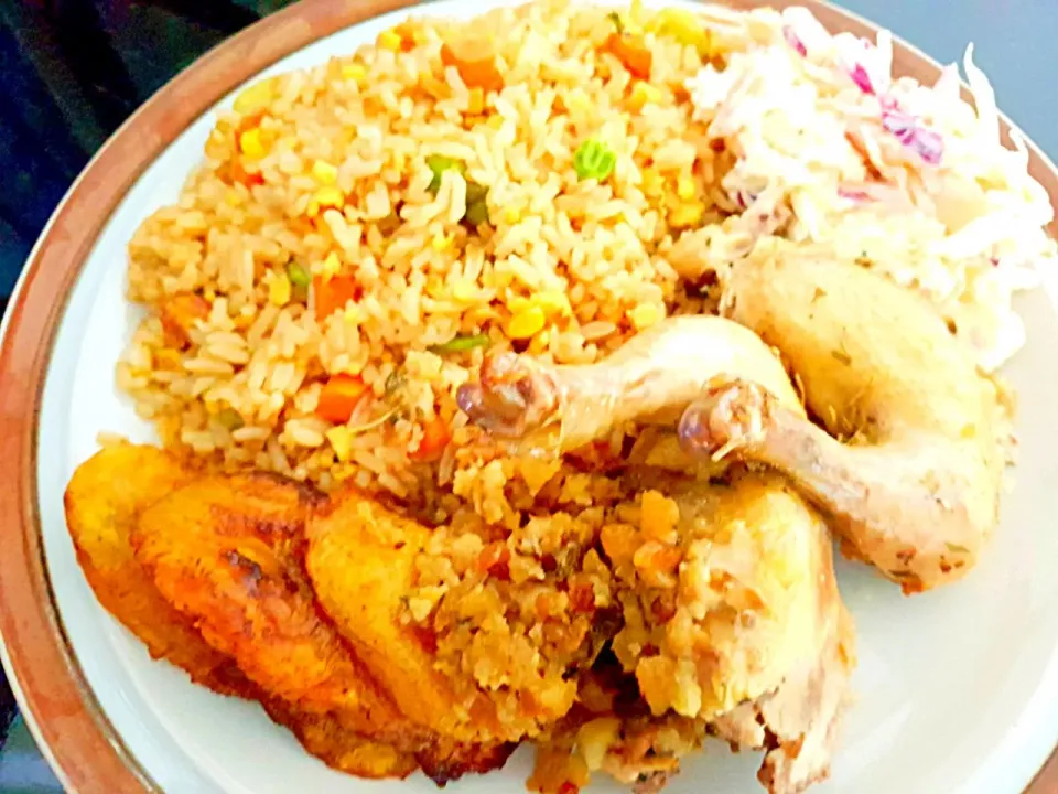 Sunday Dinner Egg n Veggie Fried Rice Stuffed Cornish  Hen Cole Slaw with Fried Plantains.|Juan Simmsさん