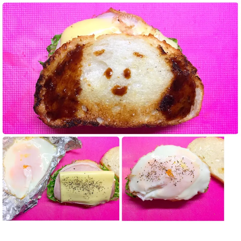 Snapdishの料理写真:やっぱ食パンじゃなきゃ上手く描けません💦カンパーニュでクロックマダム🍳スヌさんにしたかったのでマダムにはお隠れいただき、野菜も食べて欲しくてキャベツも-185/2017.5.25|masachamさん