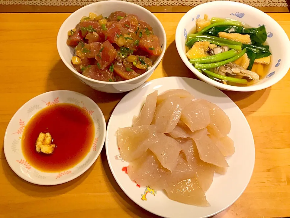 マグロのポキ丼
小松菜と油揚げの煮浸し風
お刺身こんにゃく|めいB747さん