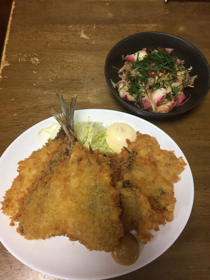 鯵と鰯のフライ、タコと薬味の酢味噌和え(*´꒳`*)|SyuyaOkunoさん