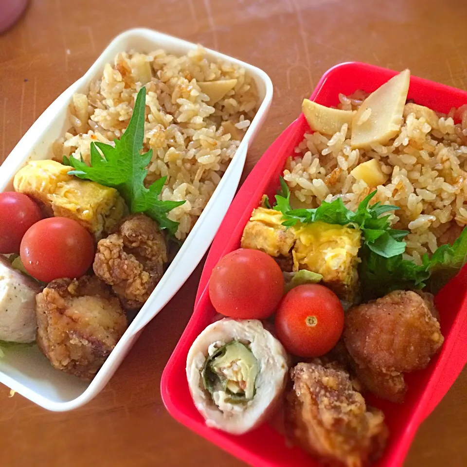 女子高生#お弁当#二人分#たけのこごはん#唐揚げ|Eriko  Naraさん