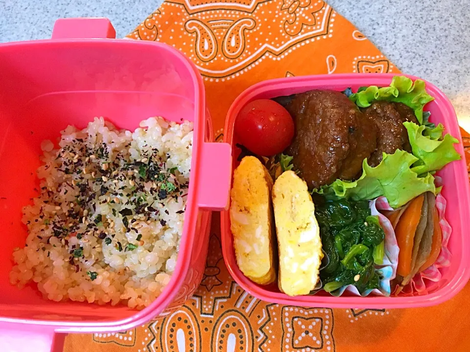 ☆5/26今日のお弁当☆〜照り焼きハンバーグ、だし巻き卵、きんぴら、ほうれん草胡麻和え、トマト〜|Satokoさん