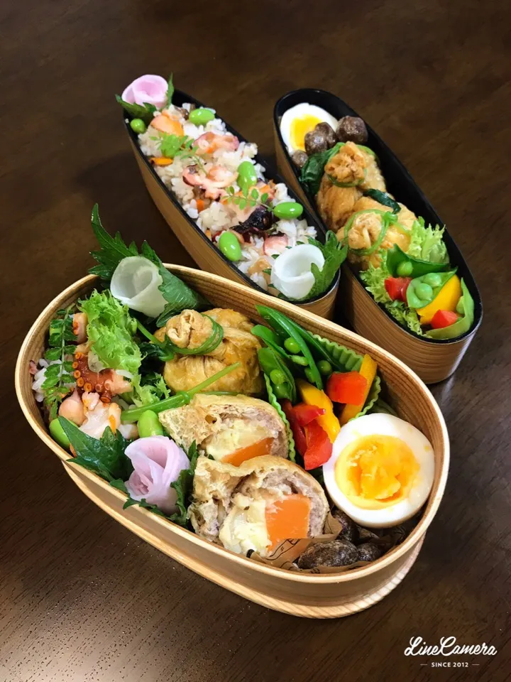 マダム とんちんさんの料理 今日の2人のお弁当🍱 油揚げでスコッチポテサラ&🐙たこ寿司(*´∀`)♪|とんちんさん