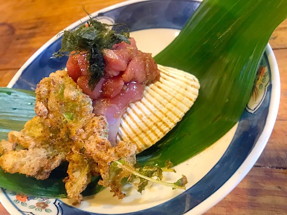 #亀戸養生料理高の 
鴨わさ  亀戸大根の葉天(蕎麦揚げ)|亀戸 養生蕎麦 高のさん