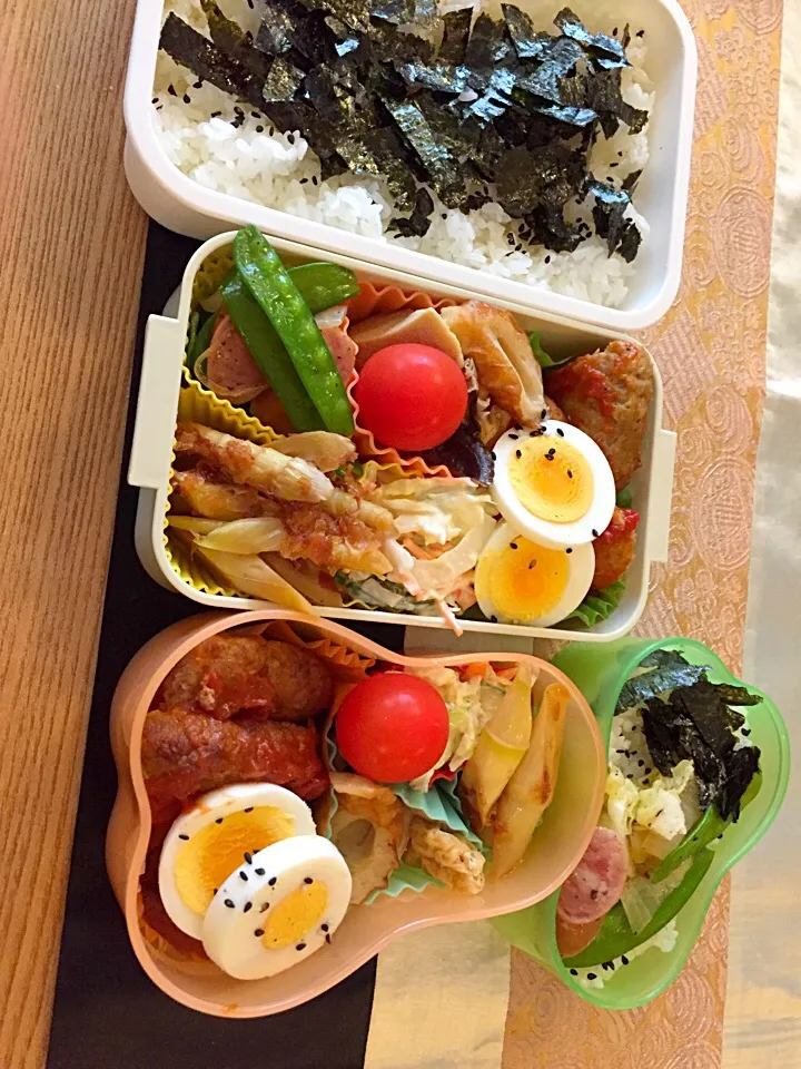 息子と私のお弁当🍱バンバーグ弁当。
いたたきものの採れたて筍も。|もなかさん