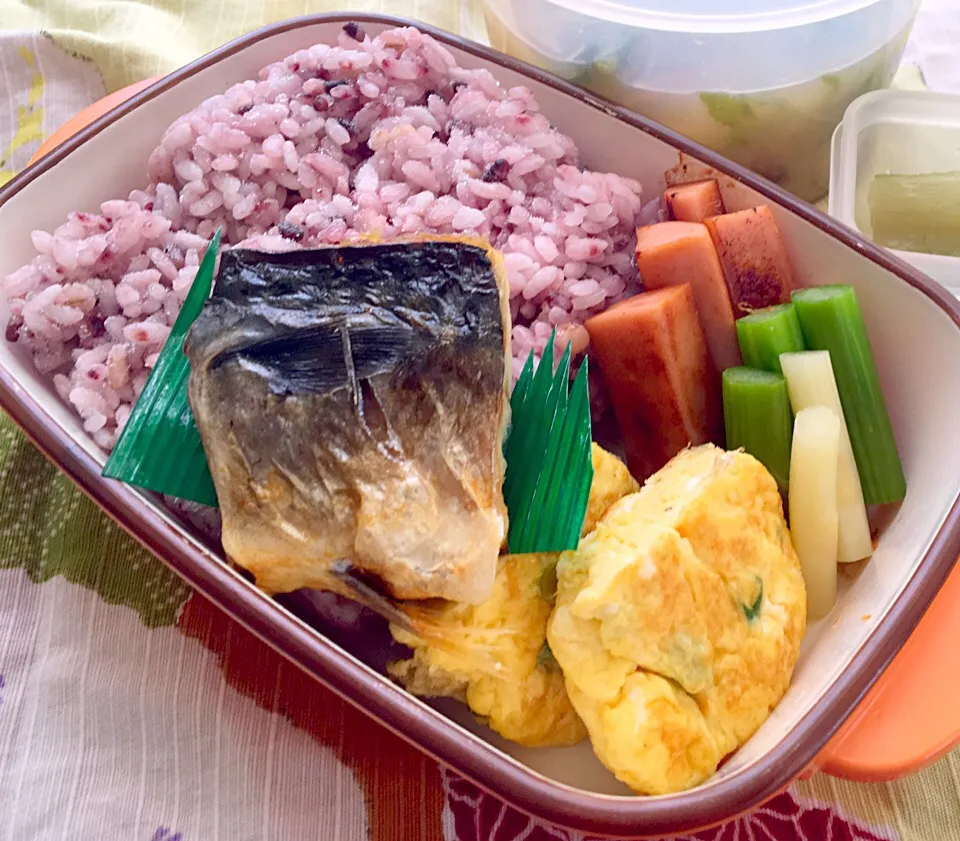 単身赴任の昼ごはん☀️
🍴焼き塩鯖弁当🍱
焼き塩鯖
ネギ入り卵焼き
ギョニソの醤油焼き
茹でアスパラ
大根葉となめこの味噌汁
野沢菜漬、セリの浅漬け
黒米麦ご飯|ぽんたさん