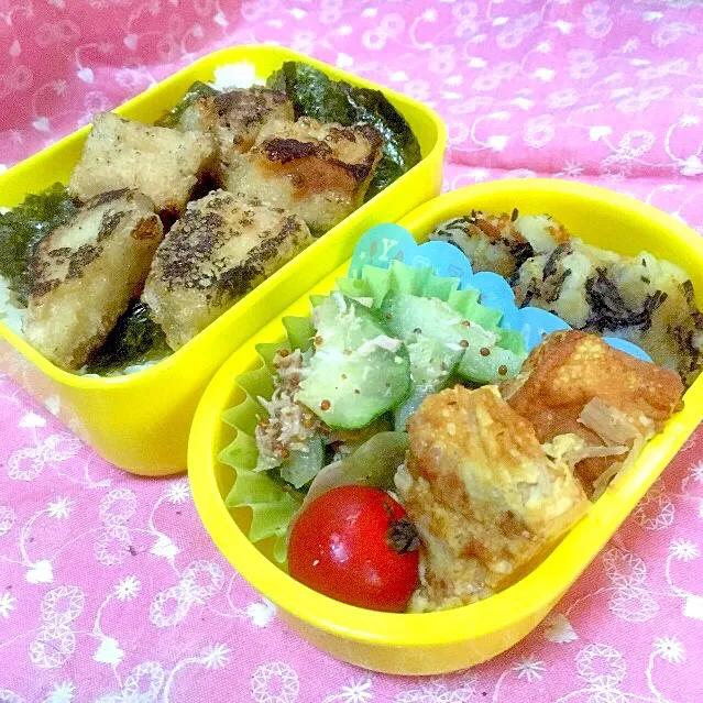 Snapdishの料理写真:お弁当★ひじき入りじゃがバーグ、きゅうりの粒マスツナ和え、なめたけ卵、高野豆腐の唐揚げ丼|ハルさん