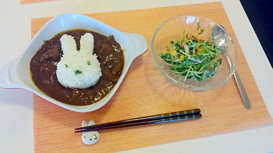 今日の夕食　レトルトの牛すじカレー、豆苗サラダ|pinknari🐰🌈さん