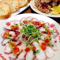 たこのカルパッチョです。常備調味料でサッと作って。爽やかな酸味＆鮮やかな色みを楽しんでね☆