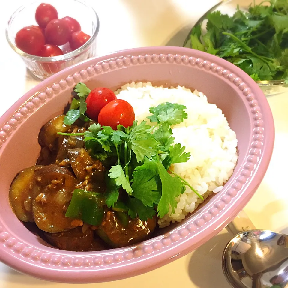 ナスとひき肉のカレー🍛パクチー☘とミニトマトをトッピング。ナンプラーをチョイかけするとアジアンな風味😋もちろんこの後パクチー☘山盛りに💕|nokorinさん