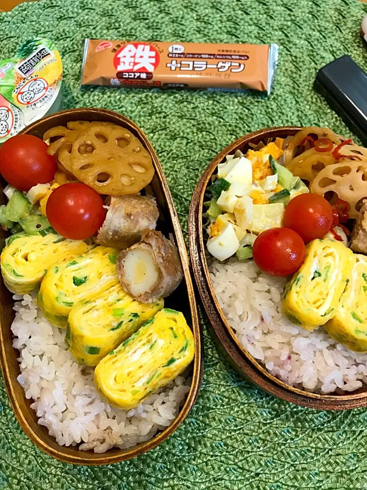 ふたり弁当

卵焼き(ニラ入り
サラダ(きゅうり ゆで卵 ハム
ミニトマト
チーズ ちくわの豚肉巻き
蓮根きんぴら|ひななぎさん