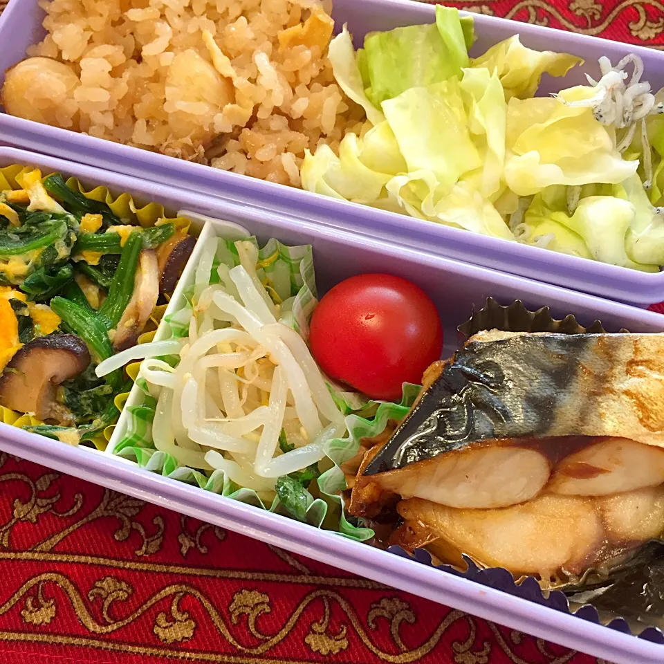 塩鯖とほうれん草の卵とじとホタテご飯弁当|もえさん