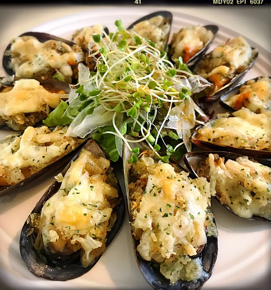 ムール貝のパン粉焼き。Grilled mussels with herb bread crumbs|toyamadaさん