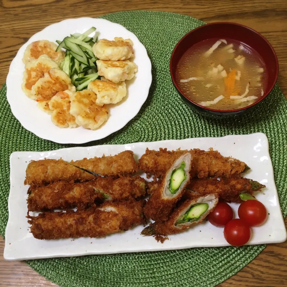 エビとはんぺんのしんじょ焼き・野菜とベーコンのスープ・アスパラの豚巻きフライ|美也子さん