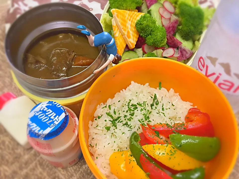 Snapdishの料理写真:牛すじカレー🍛&素揚げパプリカ&チーズグリーンサラダ🥗のダーリンお弁当♪

#弁当 #フチ子 #牛すじ煮込みリメイク|桃実さん